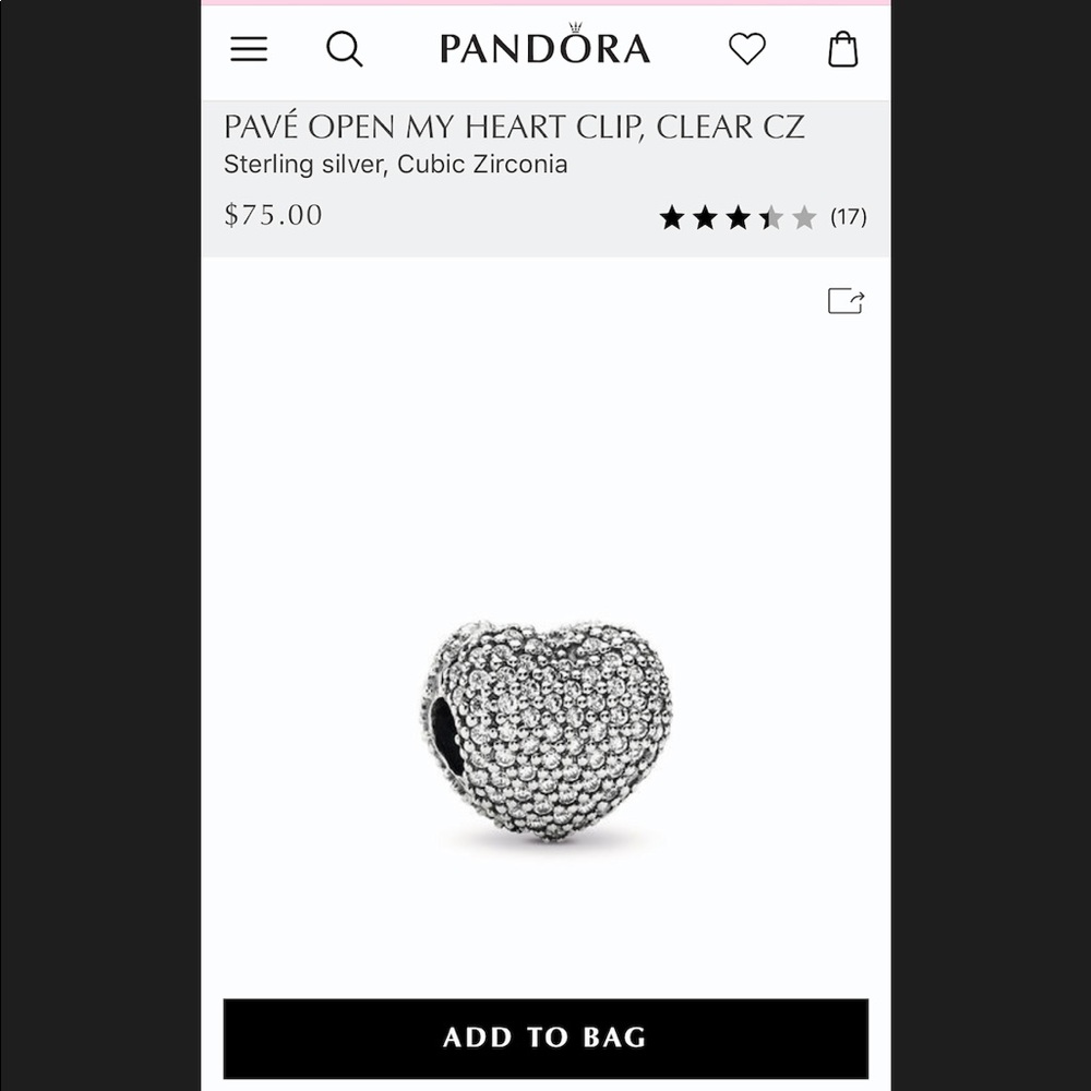 Authentic PANDORA Pave Heart crystal charm